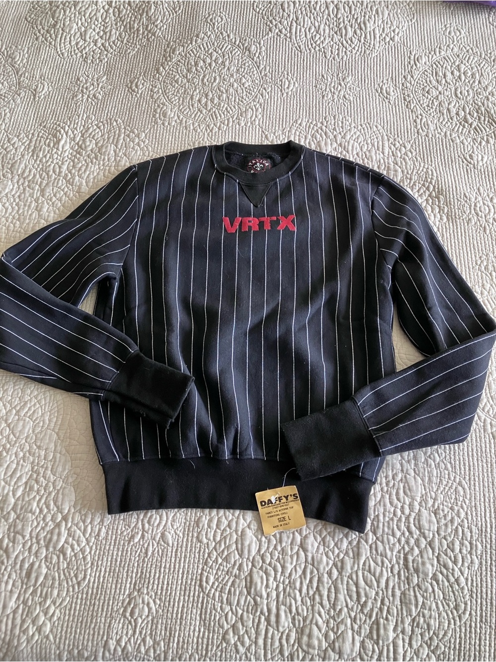 Black Pinstripe Crewneck Sweater with Red Logo